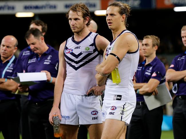 David Mundy and Nat Fyfe look on during the Ross Glendinning medal presentation last year. Pic: Getty Images