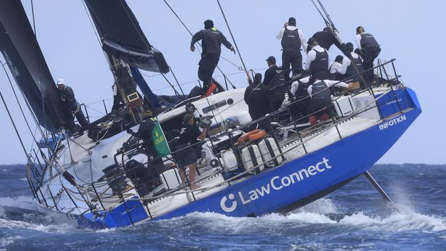 LawConnect finished second over the lien despite major issues in the race. race. sails out of the heads during the 2021 Sydney to Hobart race start on Sydney