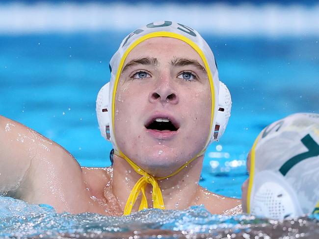 PARIS, FRANCE - AUGUST 03: Marcus Berehulak and Luke Pavillard of Team Australia celebrate winning the Men's Preliminary Round - Group B match between Team Australia and Team Hungary on day eight of the Olympic Games Paris 2024 at Aquatics Centre on August 03, 2024 in Paris, France. (Photo by Clive Rose/Getty Images)