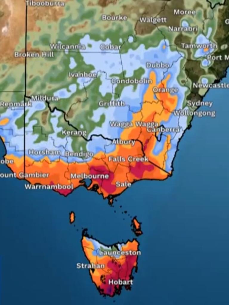 Multiple areas of NSW, Tasmania and Victoria will cop the brunt of the heavy downfalls. Picture: Supplied / BOM