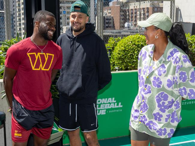 Kyrgios playing pickle ball with Tiafoe and Osaka. Picture: Jason Edwards