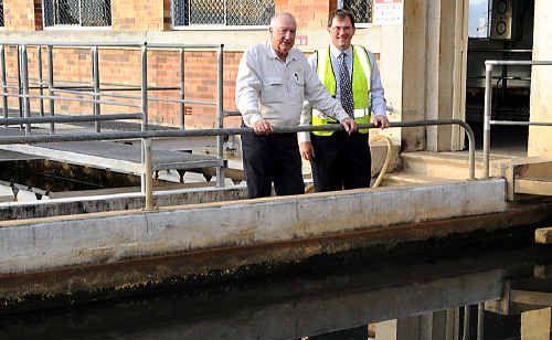 It’s fluoride by New Years, according to a reluctant Council Works Committee chairman Larry Friske and Water and Sewerage manager Ian Schiefelbein, pictured at the Jones Hill water treatment plant. Picture: Renee Pilcher