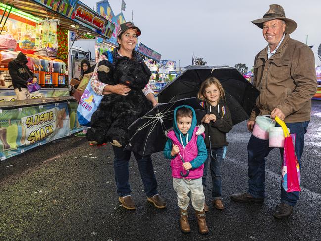 Julia and Clint Butler with their granddaughters Alice (centre) and Madi Butler at the Toowoomba Royal Show, Saturday, April 20, 2024. Picture: Kevin Farmer