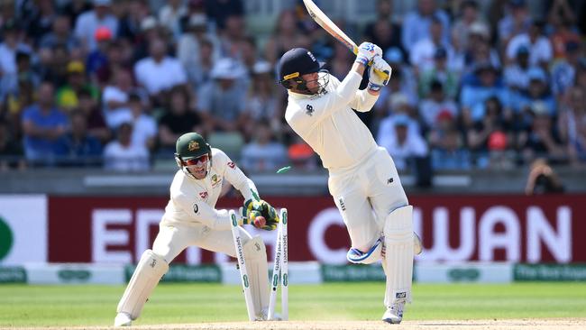 Jason Roy of England is bowled by Nathan Lyon on the last day of the first Test at Edgbaston