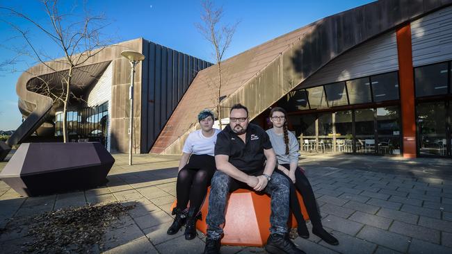 True North Theatre Director Alirio Zavarce with Tyler Evans, 16, and Tahlia Weaver, 15, are concerned about a move to build a hotel on the Marion Cultural Centre site. Picture: AAP/Roy VanDerVegt