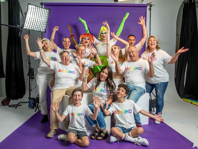 BACK ROW from left: Fiona Cook (she/he/they) non-binary, clinician at charity Youth Projects; Bonnie Anderson (she/her) ally, actor and singer; Ruby Slippers (she/her) bisexual, drag star; Lynnduh (them/they) drag star, current reigning Miss Dragnation Australia; Ben Vasiliou (he/him) gay, chief executive at Youth Projects; Celeste Norris (she/her) ally, social enterprise manager at Youth Projects. MIDDLE ROW: Jude Munro (she/her) lesbian, 78er, gay liberation movement co-founder; Jim Rossington (he/him) gay, Instagram/TikTok star; Grace Hyland (she/her) trans, Instagram/TikTok star and trans ambassador; Peter McEwan (he/him) queer, 78er, gay rights activist. FRONT ROW: Chet Wilkinson (he/him) ally and son of Kind is Cool founder; Amber Wilkinson (she/her) ally, founder of Kind Is Cool; George Rayias (he/him) youth gay rights advocate. Picture: Tim Carrafa