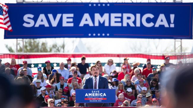 Chief Executive Officer of My Pillow businessman Mike Lindell speaks during a rally in Delaware, Ohio, on April 23. Picture: AFP