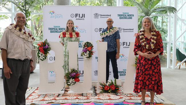 Regional General Manager Australia and Pacific Islands, Fiji Airways, John Nickel, Tourism Tropical North Queensland general manager marketing, Lani Cooper, Cairns Airport chief executive Richard Barker and Assistant Tourism Minister Bree James announce Fiji Airways new direct service between Cairns and Nandi which will commence on April 10, 2025. Photo: Catherine Duffy.