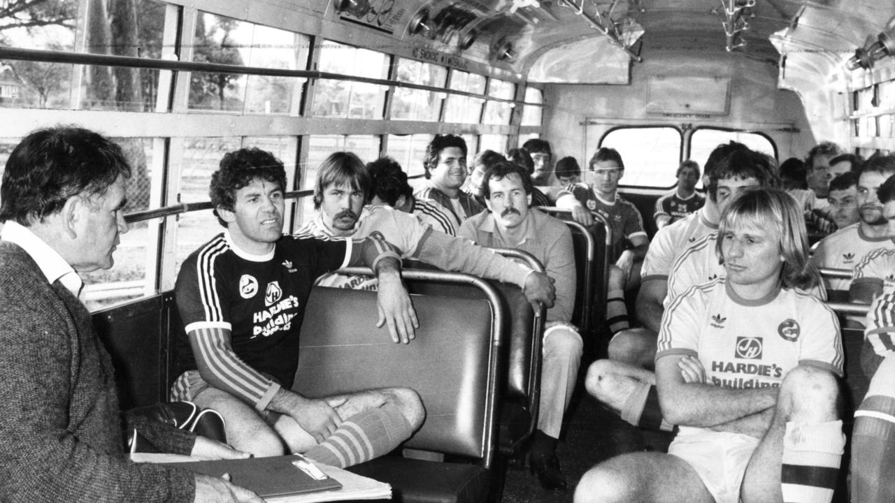 Parramatta coach Jack Gibson (far left) gives instructions to his players ahead of the 1983 grand final, which they won 18-6 against Manly. Picture: Peter Kurnik