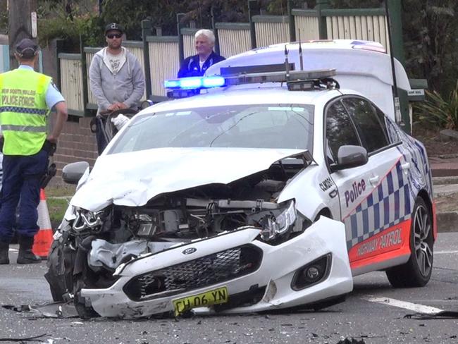 The police car after the collision with Mrs Vieira. The officer driving it has now been charged. Picture: TNV