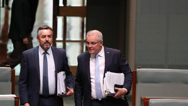 Minister for Veterans Affairs Darren Chester with PM Scott Morrison at Parliament House in Canberra. Picture Kym Smith