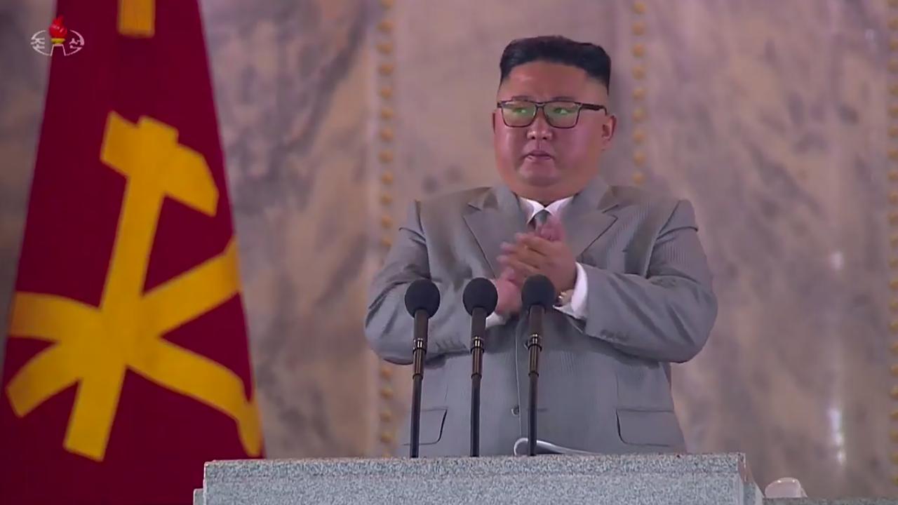 North Korean leader Kim Jong-un addresses attendees of a military parade on Kim Il Sung square in Pyongyang on October 10, 2020. Picture: AFP