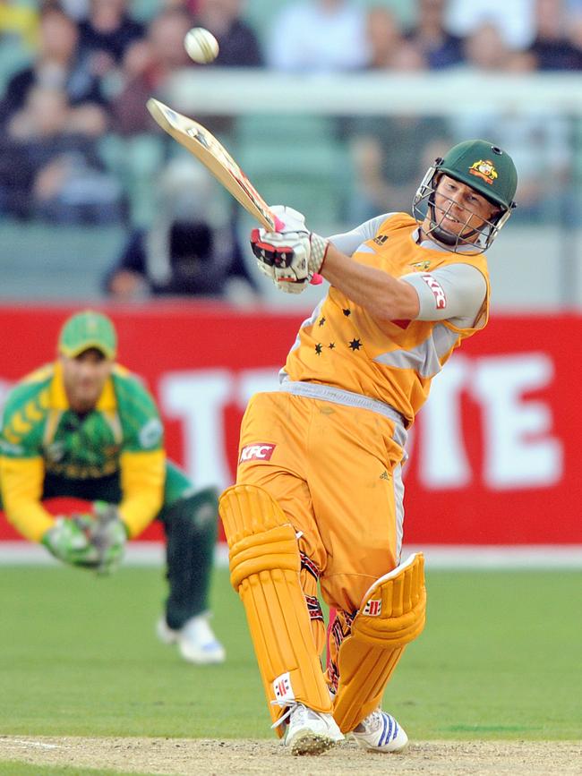 David Warner strikes a six against South Africa on debut at the MCG in 2009 Picture: AAP