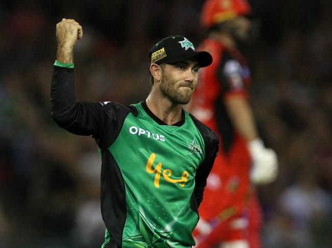 Glenn Maxwell celebrates taking a catch for the  Melbourne Stars in the Big Bash League. Picture: AAP