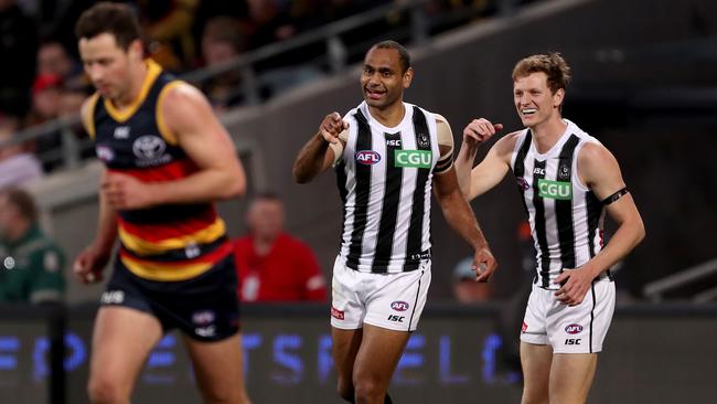 Magpies Travis Varcoe and Will Hoskin-Elliot another Collingwood goal against the Crows. Picture: James Elsby/AFL Photos