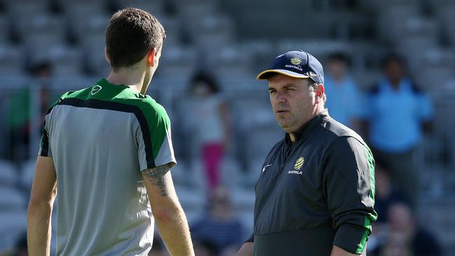 Socceroos coach Ange Postecoglou talks with Matthew Spiranovic Pic: George Salpigtidis