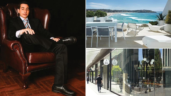 Mark Richerdson, left, and the luxe outlook from his rented Notts Ave, Bondi apartment, top right. His restaurant, Bel &amp; Brio, bottom right, closed after failure to pay rent. Pictures: Supplied