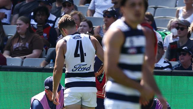 Geelong’s Jeremy Cameron took no further part after being involved in a heavy collision in the first term. Picture: Michael Klein