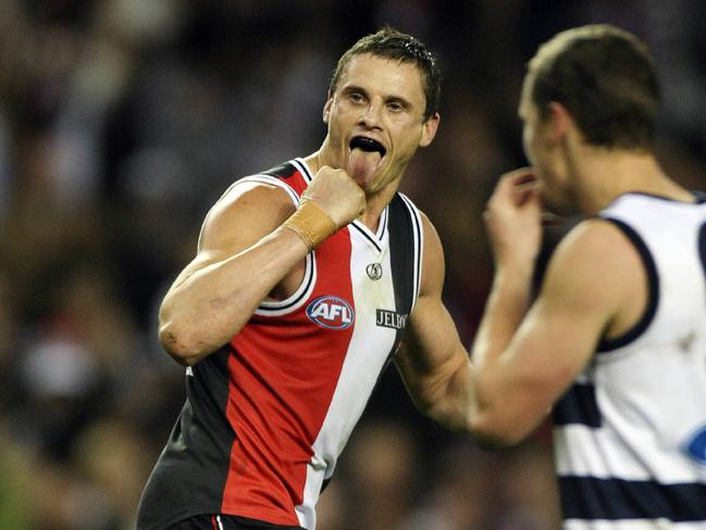 05/07/2009 SPORT: St Kilda vs. Geelong at Etihad Stadium. Michael Gardiner pokes his tongue out after kicking the goal that put the saints 8 points in front
