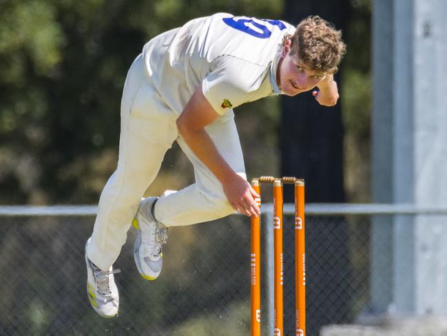 Lindisfarne’s Joseph McGann bowling against Clarence on Saturday. Picture: Caroline Tan