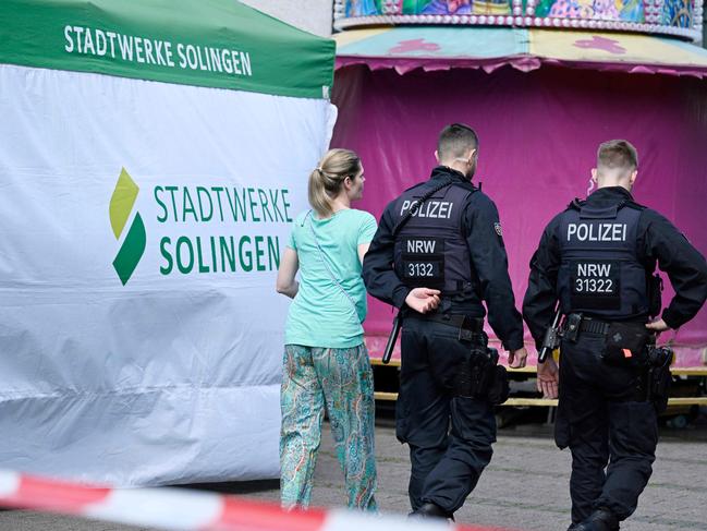 Police patrol near the scene of the horror knife attack at Solingen’s Festival of Diversity. Picture: AFP