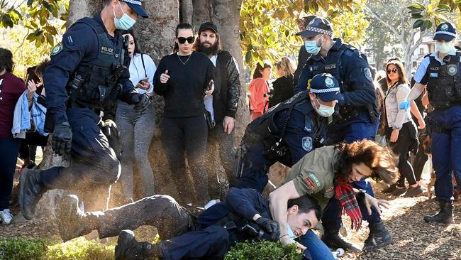 Protesters clash with police officers. Picture: NCA NewsWire/Bianca De Marchi