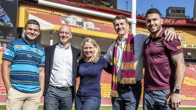 Titan Ash Taylor, NRL CEO Todd Greenberg, Queensland Minister for Sport Kate Jones, Brisbane Lord Mayor Graham Quirk and Bronco Darius Boyd at the launch of NRL Magic Round at Suncorp Stadium on Sunday. (AAP Image/Glenn Hunt)