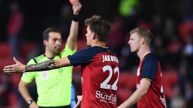 Jordan Elsey (R) was given marching orders on Saturday night. (Photo by Mark Brake/Getty Images)