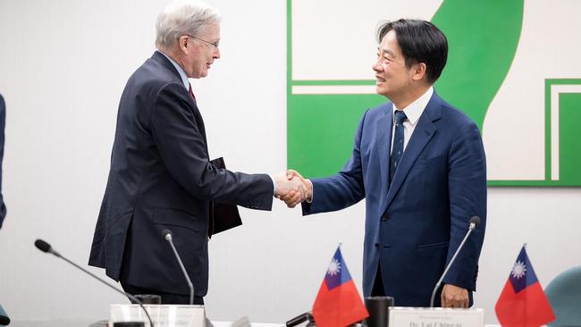 Former US national security adviser Stephen Hadley meets president-elect William Lai in Taipei on Monday. Picture: AFP