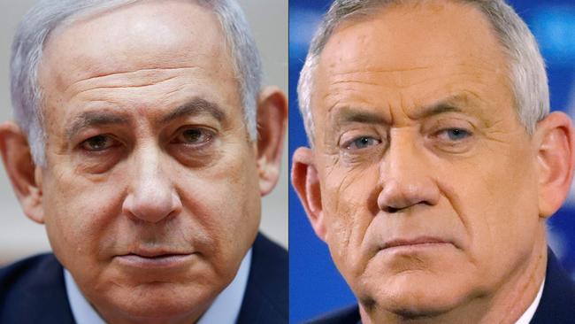 Israeli Prime Minister Benjamin Netanyahu, left, and his former rival, Benny Gantz, right.