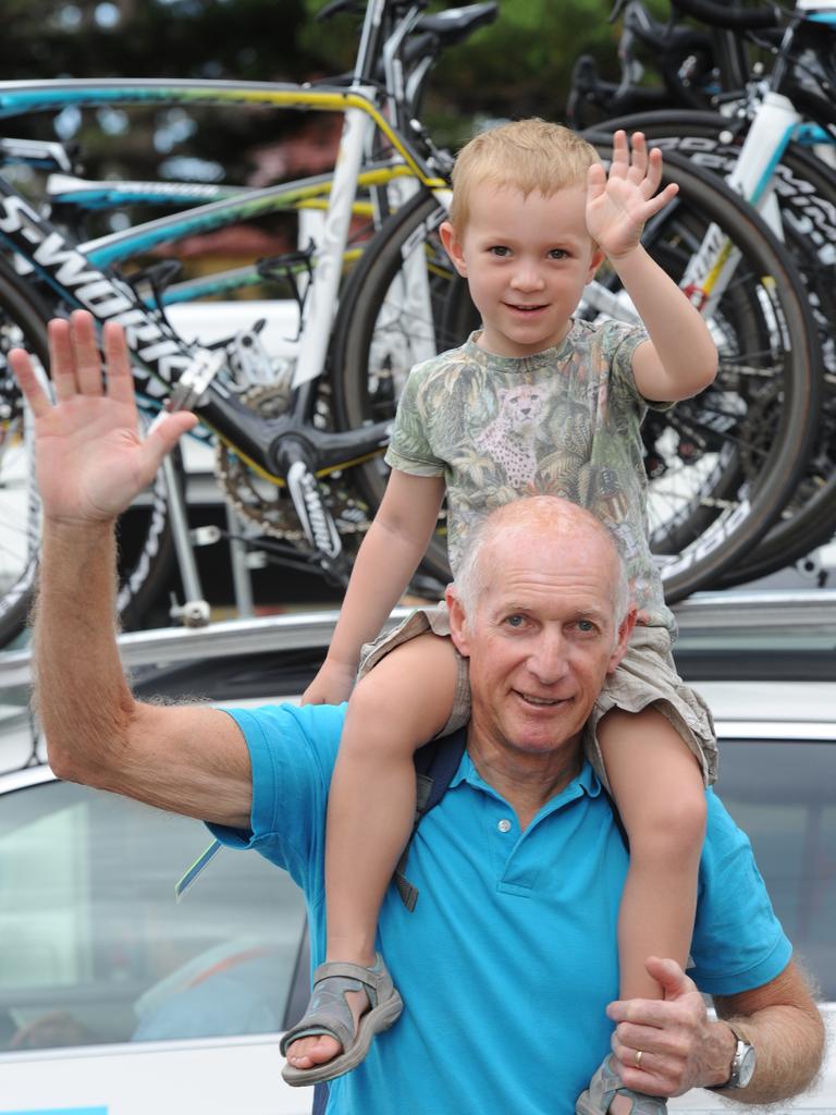 Haas Fran, from the Netherlands, makes sure grandson Nando, 3, has a great view of the Tour Down Under riders. Picture: Tricia Watkinson