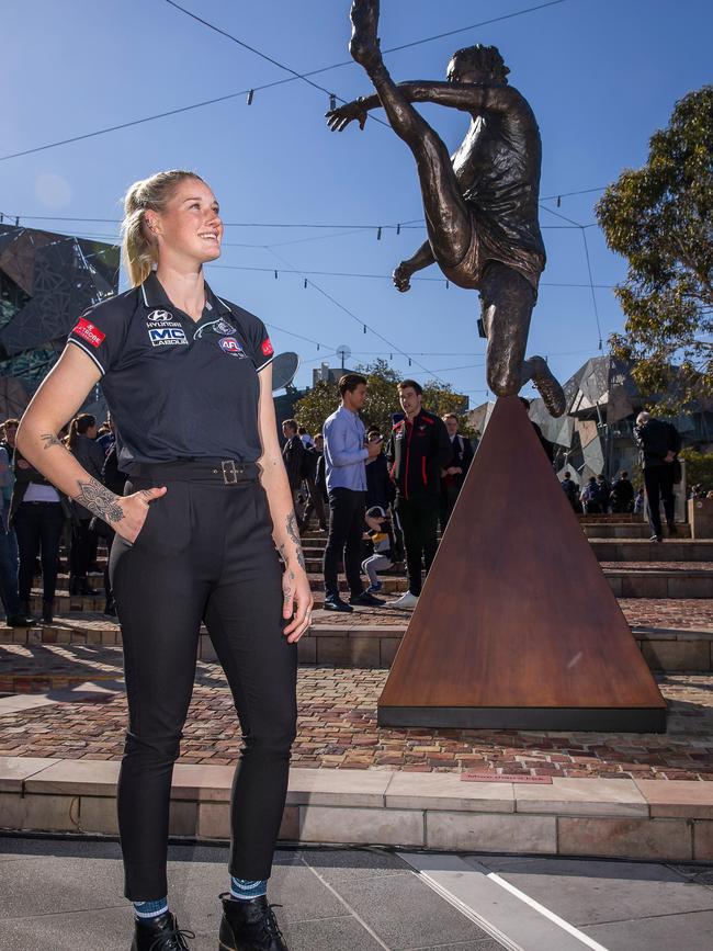 Footballer Tayla Harris attends her sculpture unveiling at Federation Square on September 11, 2019 in Melbourne. Picture: WAYNE TAYLOR/GETTY IMAGES