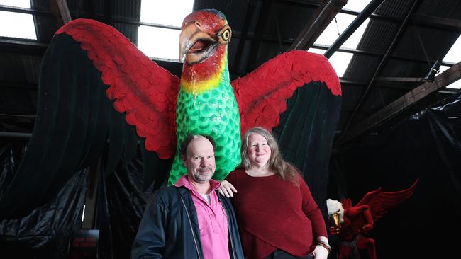 The Swift Parrot Ogoh Ogoh with director Ian Pidd (left) and creative producer Kaz Ross Picture: LUKE BOWDEN