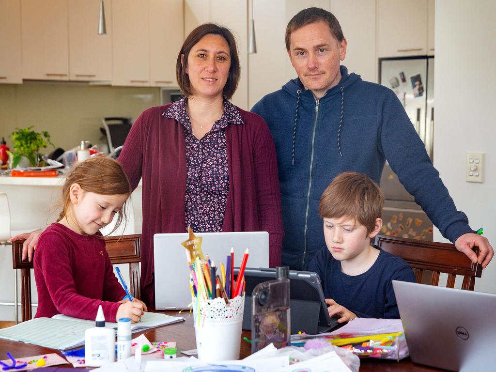 Parents Dave Longmuir and Amelia Teng are juggling working from home and the remote schooling of kids Roy, 10, and Iris, 6, during the Covid-19 lockdown. Picture: Mark Stewart