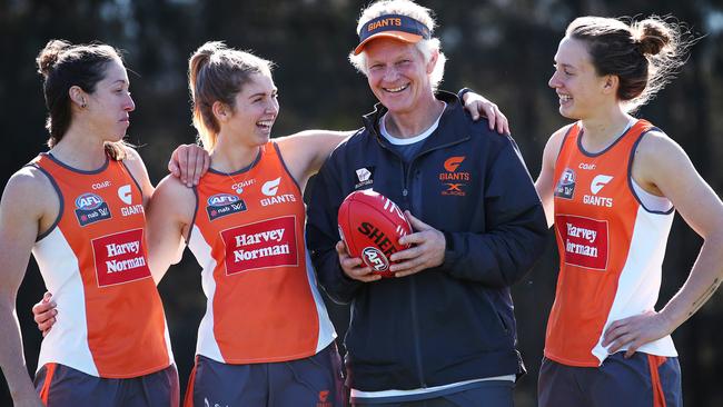 New GWS coach Alan McConnell with players Renee Forth, Maddy Collier and Emma Swanson. Picture. Phil Hillyard