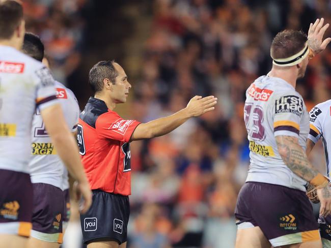 Brisbane celebrate as Ashley Klein signals for the penalty. Picture: Getty Images