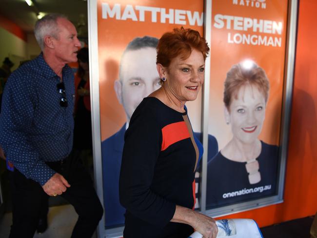 One Nation Leader Pauline Hanson campaigning with the party’s candidate for Longman, Matthew Stephen (left) in Caboolture earlier this month. Picture: AAP