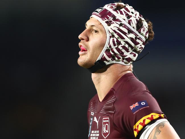 GOLD COAST, AUSTRALIA - JULY 14: Kalyn Ponga of the Maroons looks on during game three of the 2021 State of Origin Series between the New South Wales Blues and the Queensland Maroons at Cbus Super Stadium on July 14, 2021 in Gold Coast, Australia. (Photo by Chris Hyde/Getty Images)