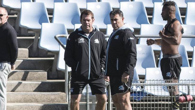 Cronulla coach Shane Flanagan with Brett Kimmorley.