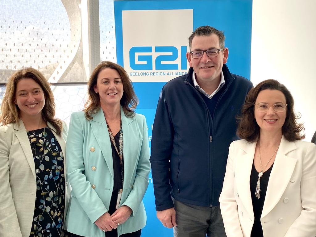 G21 CEO Giulia Baggio, right, and G21 Chair Melissa Stephens, centre, and Deputy Chair and Surf Coast Mayor Liz Pattison,left, met with Premier Daniel Andrews on Friday to discuss investment for the Geelong region.