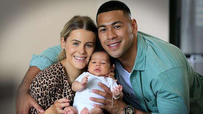 Brisbane Broncos winger Jamayne Isaako with partner Abby Sutherland and their newborn baby, Isaiah Jamayne Isaako, in November. 