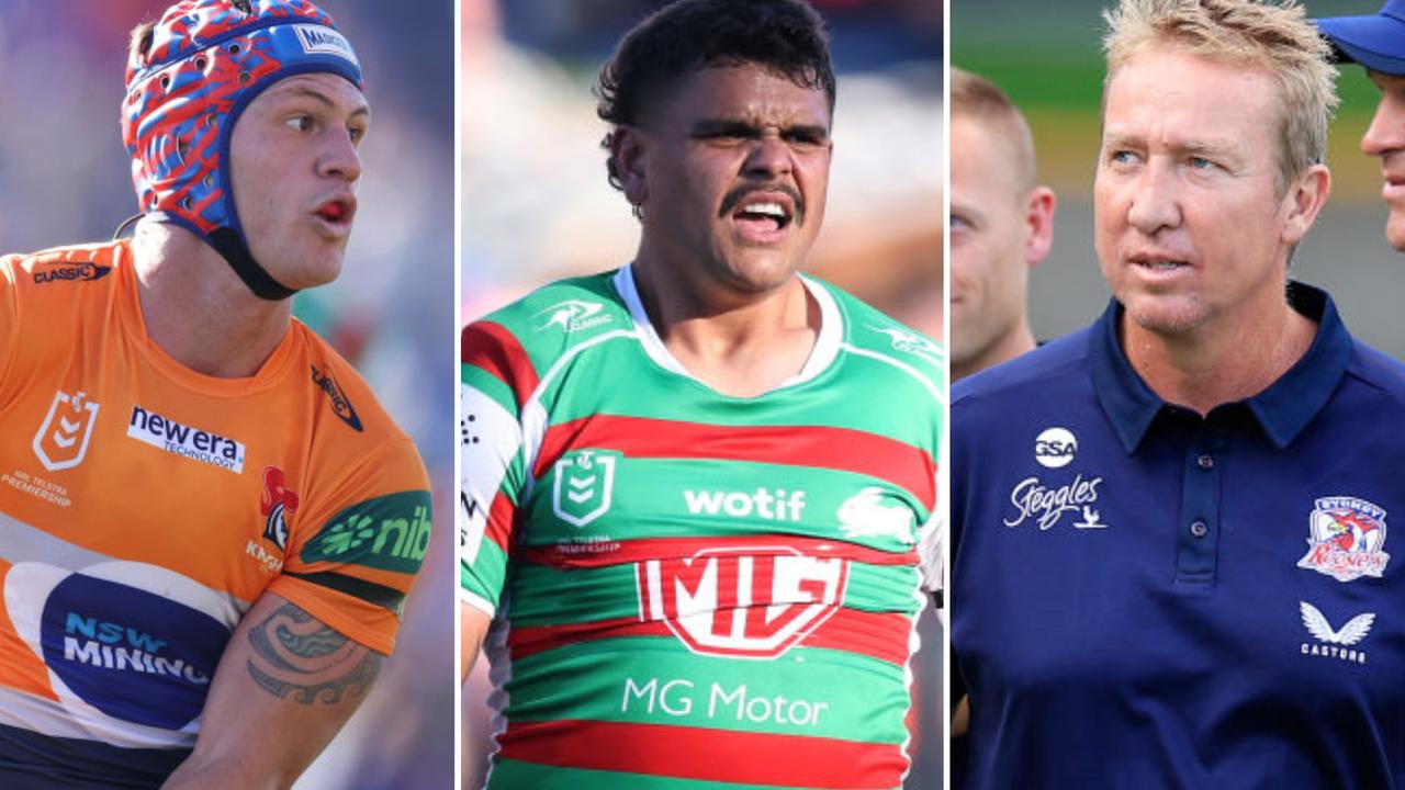 Kalyn Ponga, Latrell Mitchell and Roosters coach Trent Robinson. Getty