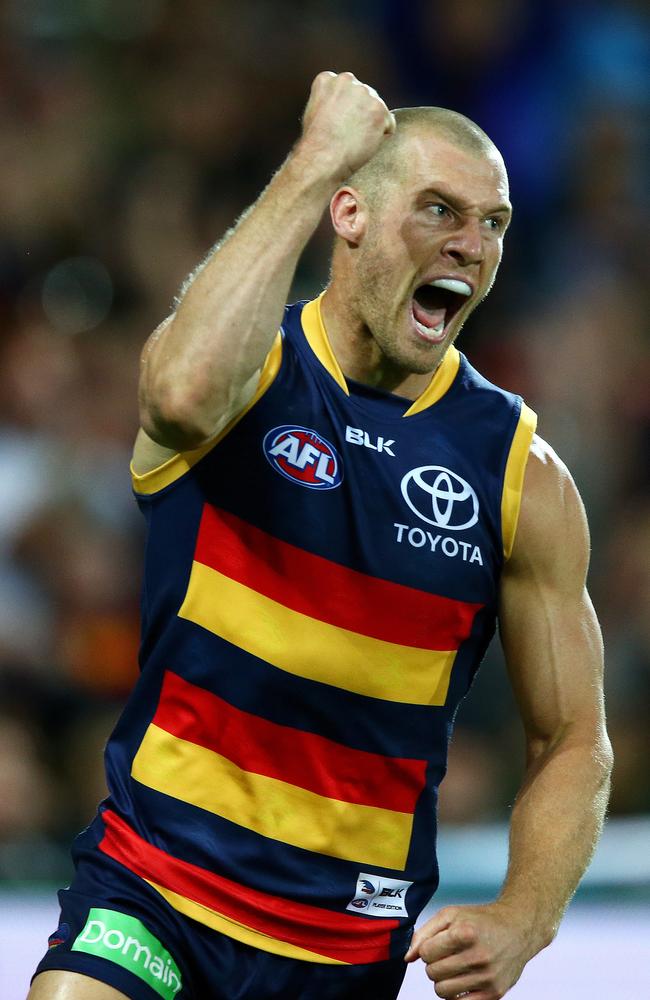 Thompson celebrates a Showdown goal against Port Adelaide. Picture: Sarah Reed.