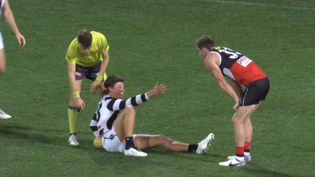 Jack Ginnivan wasn't getting any help from Ben Paton. Photo: Fox Footy.