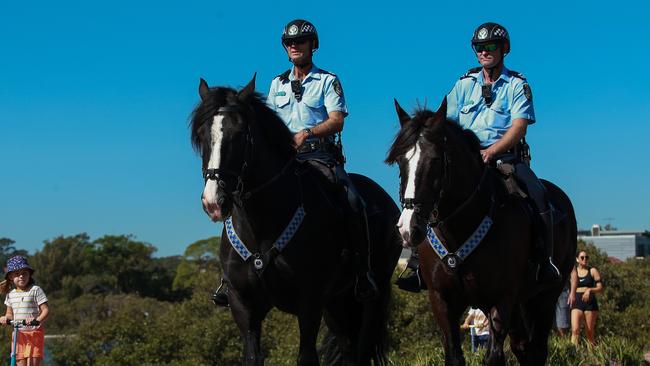 Mounted police patrol the Bay Run in Drummoyne. Picture:Justin Lloyd