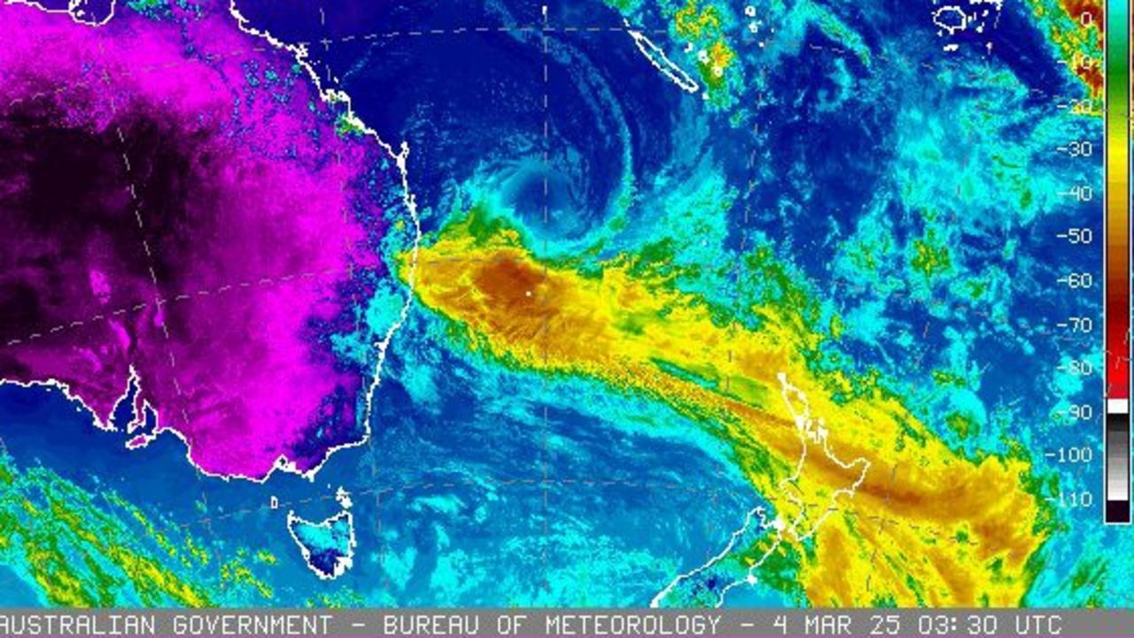 BOM satellite imagery taken on March 4 shows Tropical Cyclone Alfred approaching Queensland and northern NSW. The legend to the right of “false colour” layers illustrate temperature. Picture: BOM