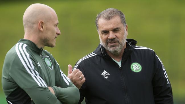 GLASGOW, SCOTLAND - JULY 22: Celtic manager Ange Postecoglou (R) and Aaron Mooy during a Celtic training session at Lennoxtown, on July 22, 2022, in Glasgow, Scotland. (Photo by Craig Foy/SNS Group via Getty Images)