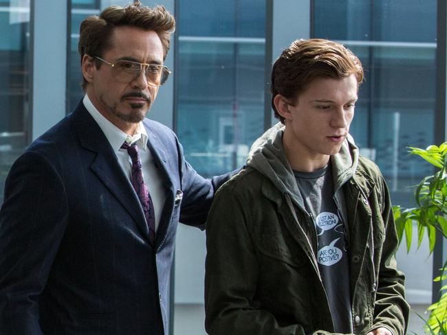 Robert Downey Jr. and “really good dude” Tom Holland in Spider-Man: Homecoming.