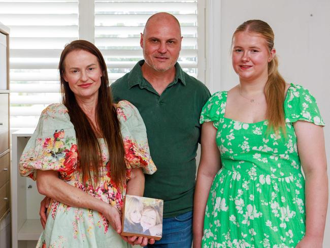 Renee and Matt Gobbo, and daughter Sienna Atkinson, 17, in the room where she cared for her dying mum, in Oakhurst. Picture: Justin Lloyd