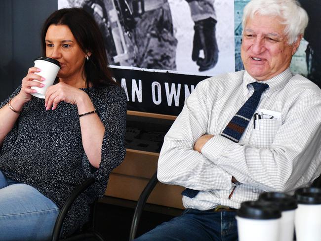 Senator Jacqui Lambie and Kennedy MP Bob Katter meet with veterans at Australian Warfighter Coffee. Picture: Alix Sweeney